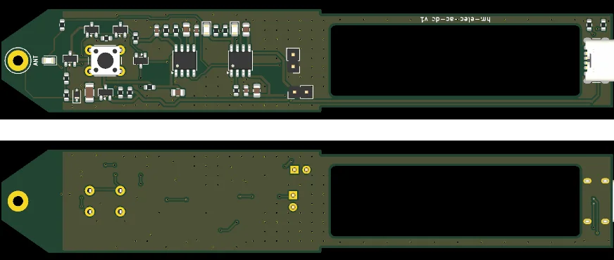 Ảnh render 3D bo mạch dự án mẫu — mặt trên (ăng-ten, nút nguồn, 2 IC, cổng USB-C) và mặt dưới.