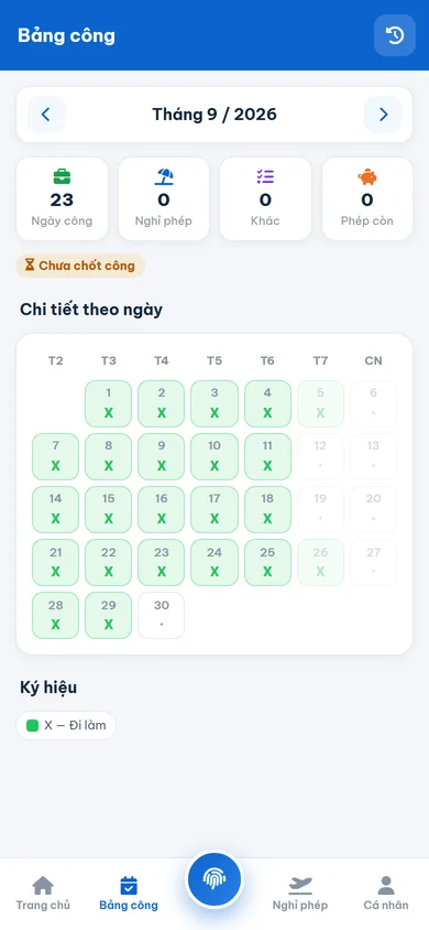 App HomeOS HRM: bảng công tháng của nhân viên