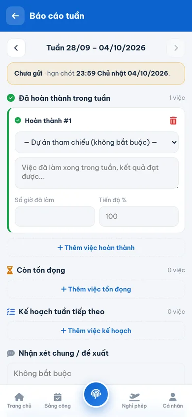 App HomeOS HRM: gửi báo cáo tuần