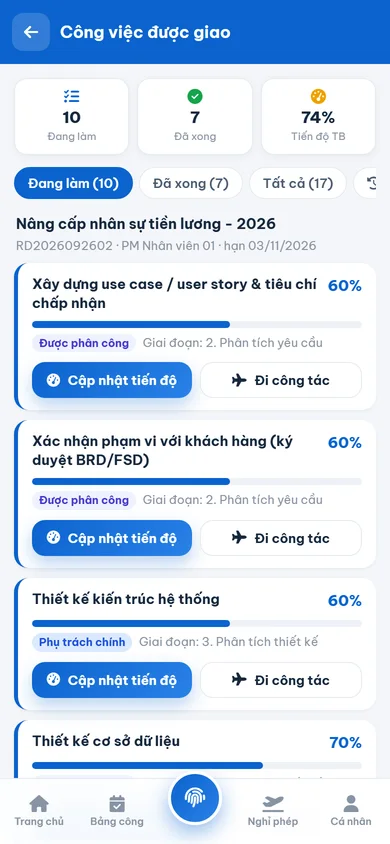 App HomeOS HRM: công việc được giao và tiến độ