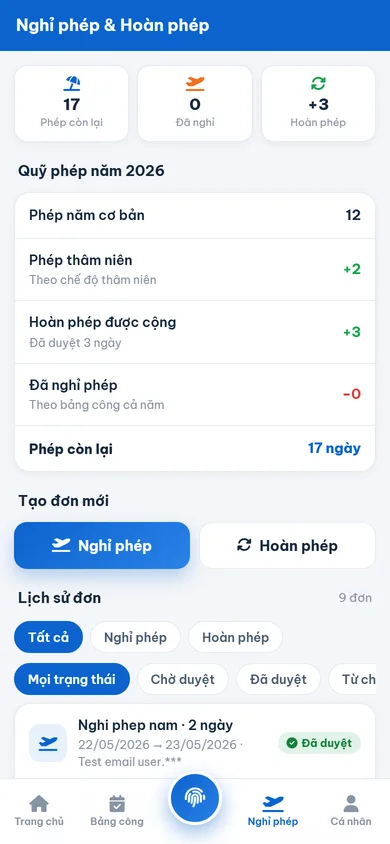 App HomeOS HRM: nghỉ phép và hoàn phép
