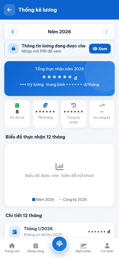 App HomeOS HRM: thống kê lương năm được khoá bằng mã PIN