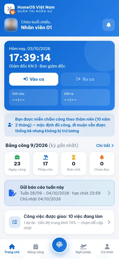 App nhân viên HomeOS HRM: chấm công vào ca, ra ca, bảng công và tiện ích
