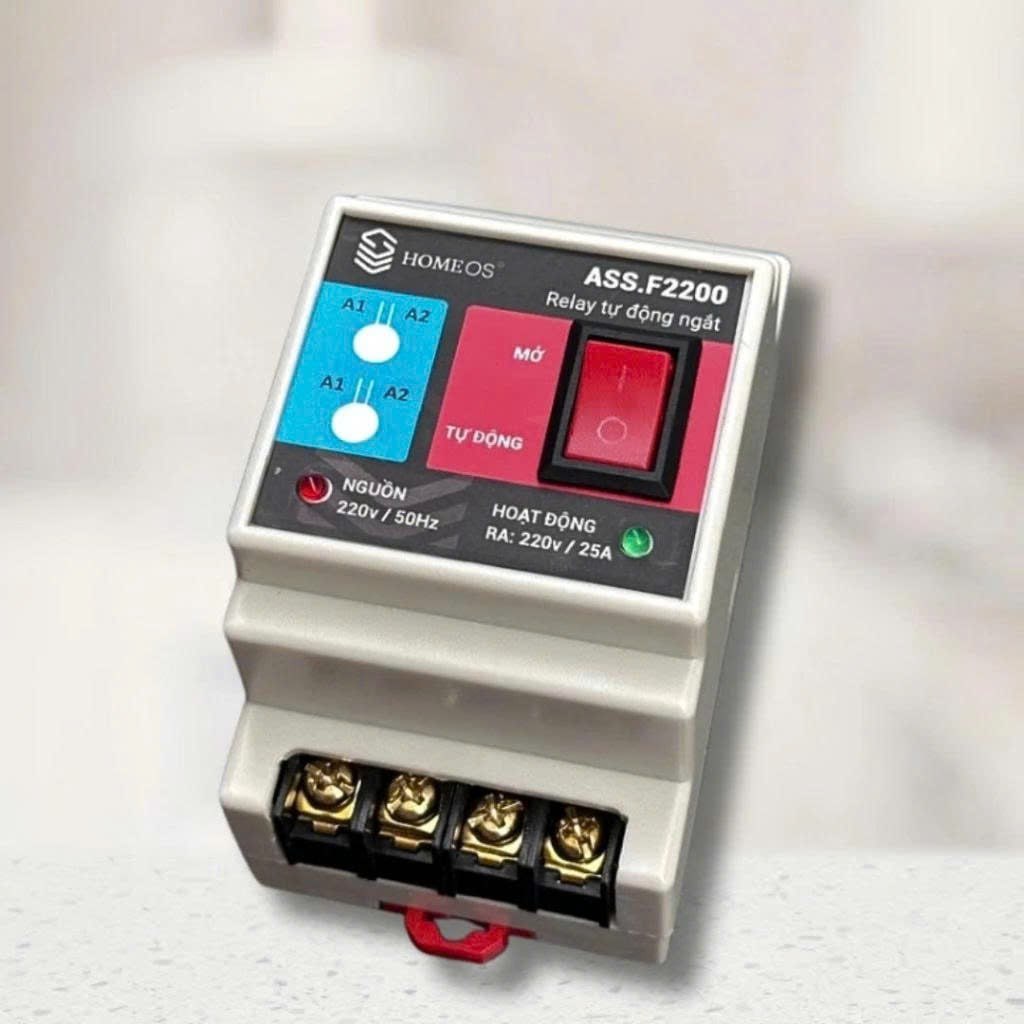 Relay ASS.F2200 HomeOS — Relay tự động ngắt, nguồn 220V/50Hz, đầu ra 220V/25A, công tắc Mở/Tự động