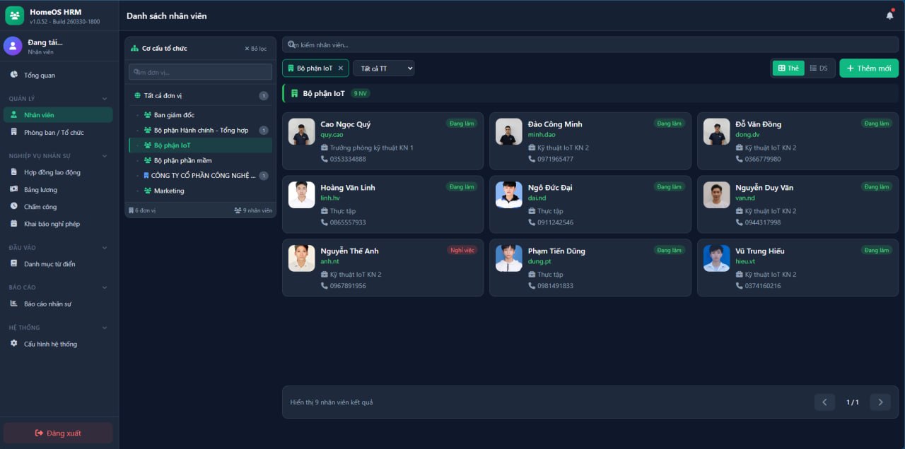 HomeOS HRM — Quản lý nhân sự 6 đơn vị, 9+ phòng ban, 100% xây dựng trên MiniApp Project