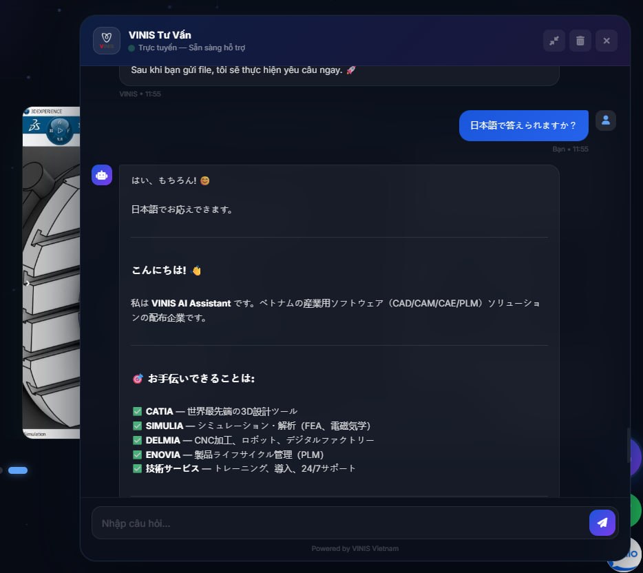 Trợ lý ảo AI VINIS — chatbot tích hợp website, hỗ trợ đa ngôn ngữ Việt-Nhật, tư vấn sản phẩm CAD/CAM/CAE/PLM tự động