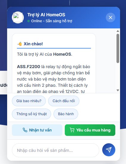 Trợ lý AI HomeOS — Chat widget tích hợp website, tư vấn sản phẩm ASS.F2200, quick reply buttons